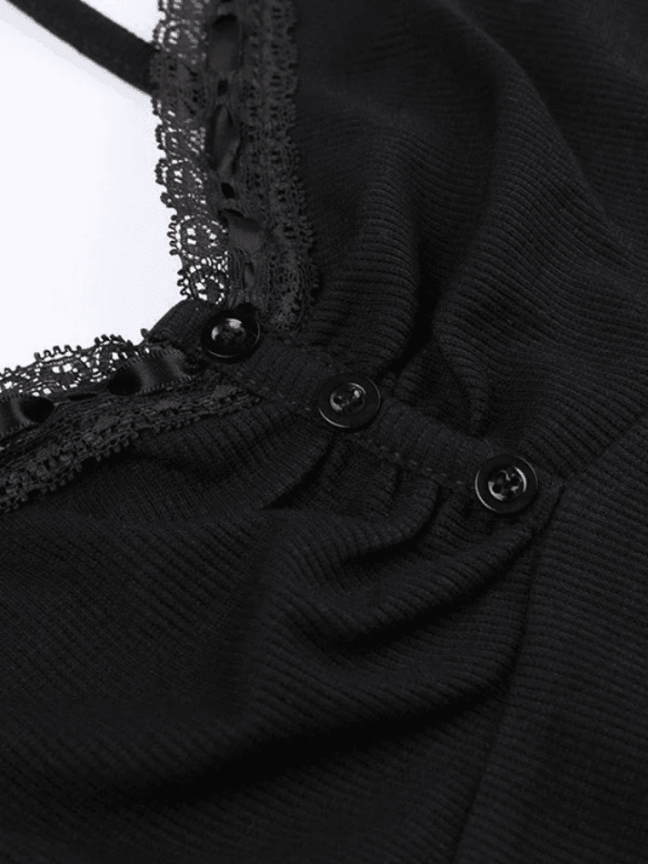 Schwarzes, geripptes Camisole-Top mit Spitzenbesatz