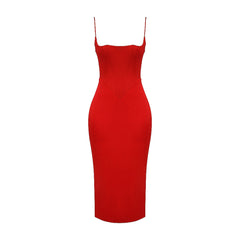 Vestido midi de satén con tirantes finos y escote cuadrado - Rojo
