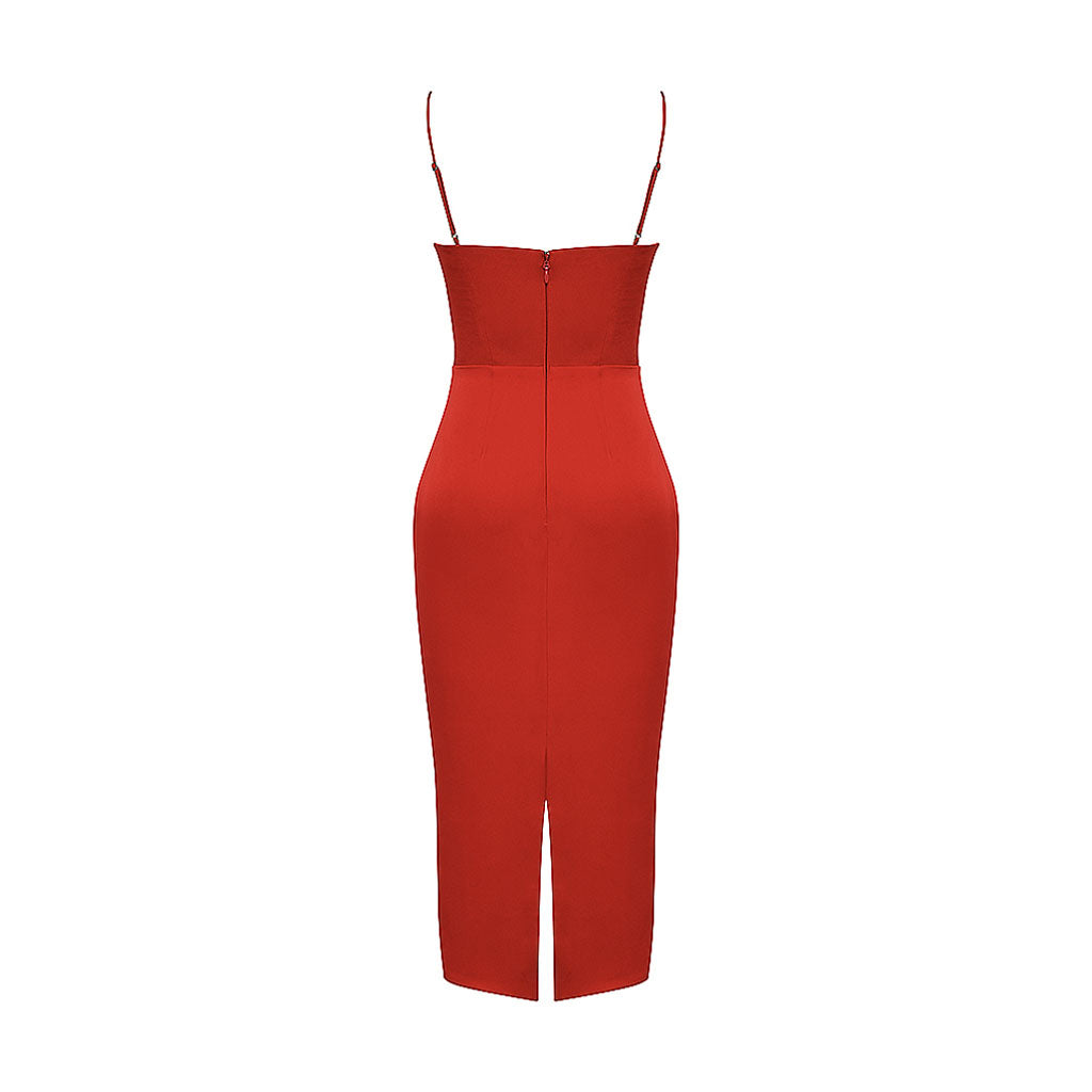Vestido midi de satén con tirantes finos y escote cuadrado - Rojo