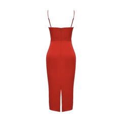 Vestido midi de satén con tirantes finos y escote cuadrado - Rojo