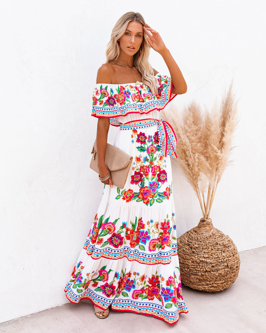 Mamanuca – Schulterfreies Maxikleid mit Blumenmuster