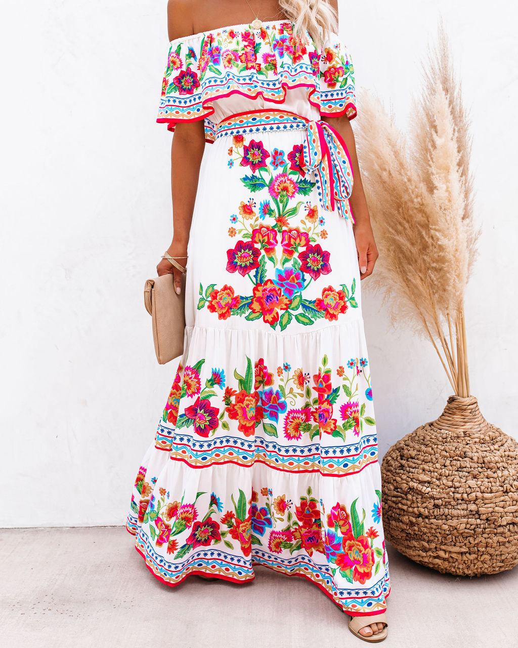Mamanuca – Schulterfreies Maxikleid mit Blumenmuster