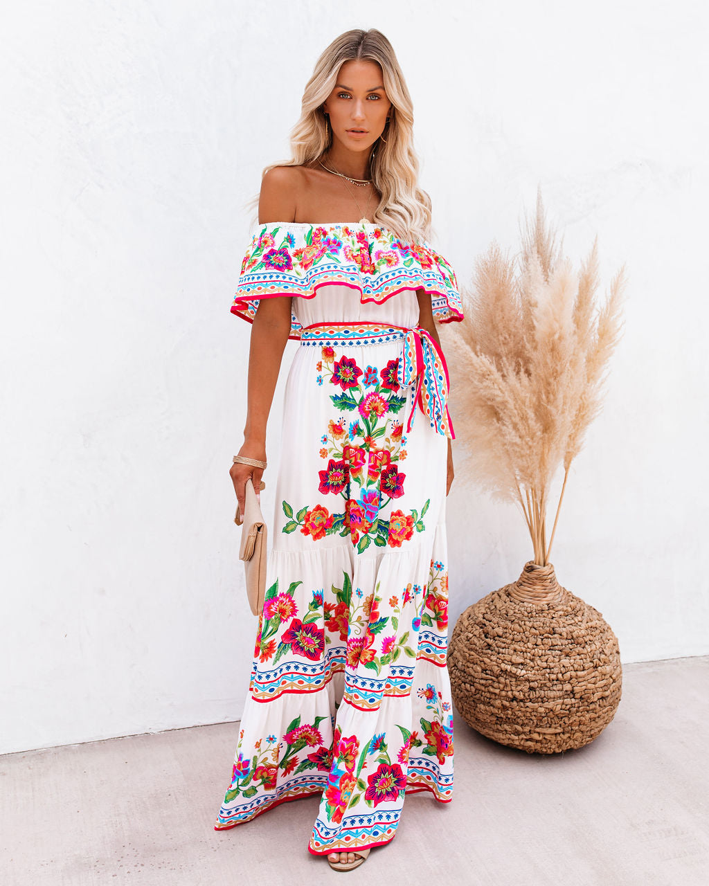 Mamanuca – Schulterfreies Maxikleid mit Blumenmuster