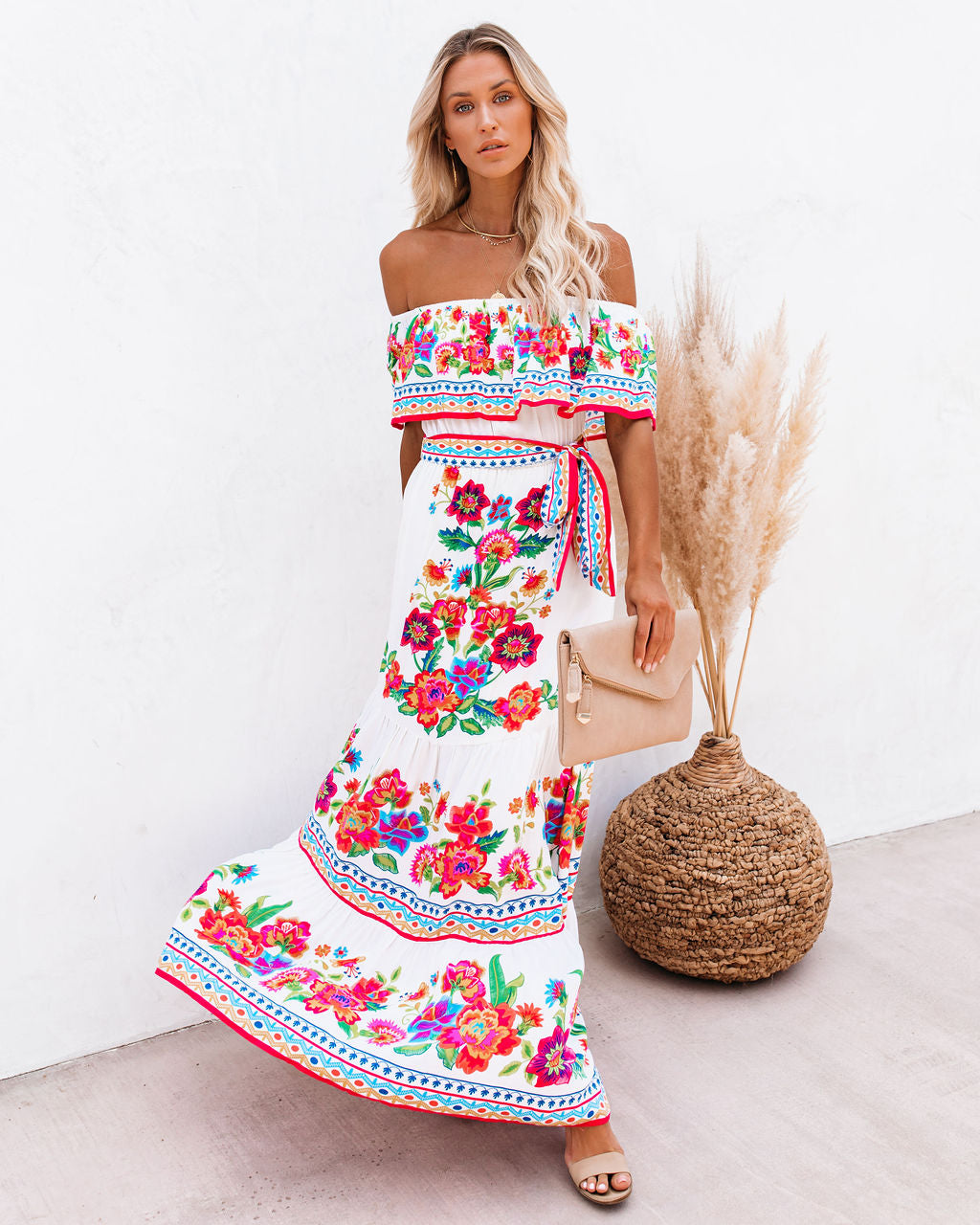 Mamanuca – Schulterfreies Maxikleid mit Blumenmuster