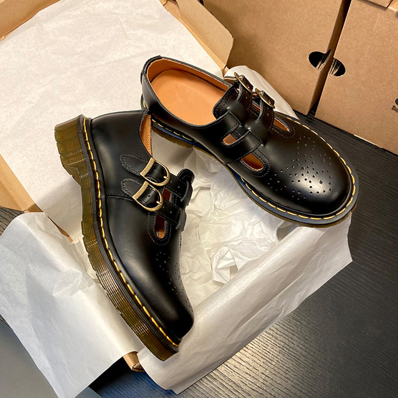 Handgemachte Retro Wachsen Flache Mary Jane Schuhe Runde Spitze Schwarz/Braun/Schwarz1/Weiß