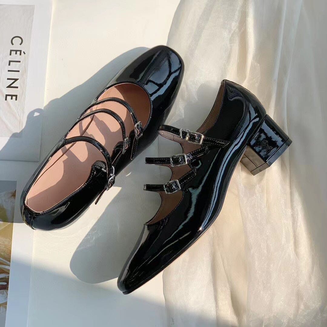 Handgefertigte Mary Jane Schuhe 40mm Dreifachriemchen Pumps Blockabsatz