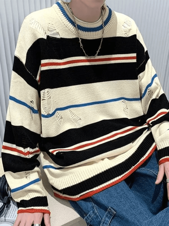 Men's Color Block Striped Distressed Sweater