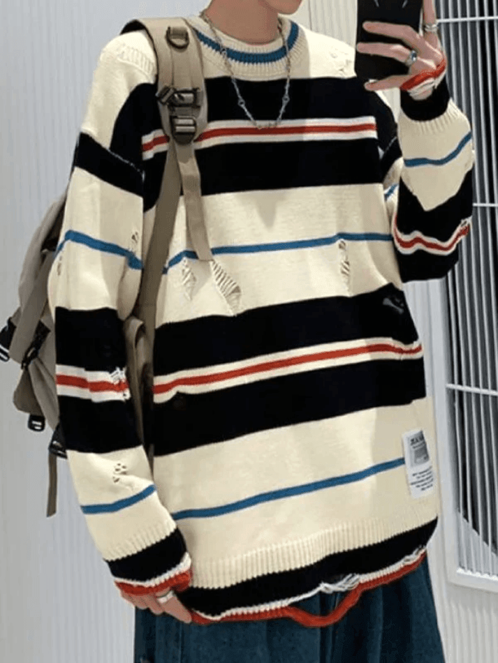 Men's Color Block Striped Distressed Sweater