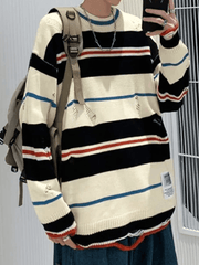 Men's Color Block Striped Distressed Sweater