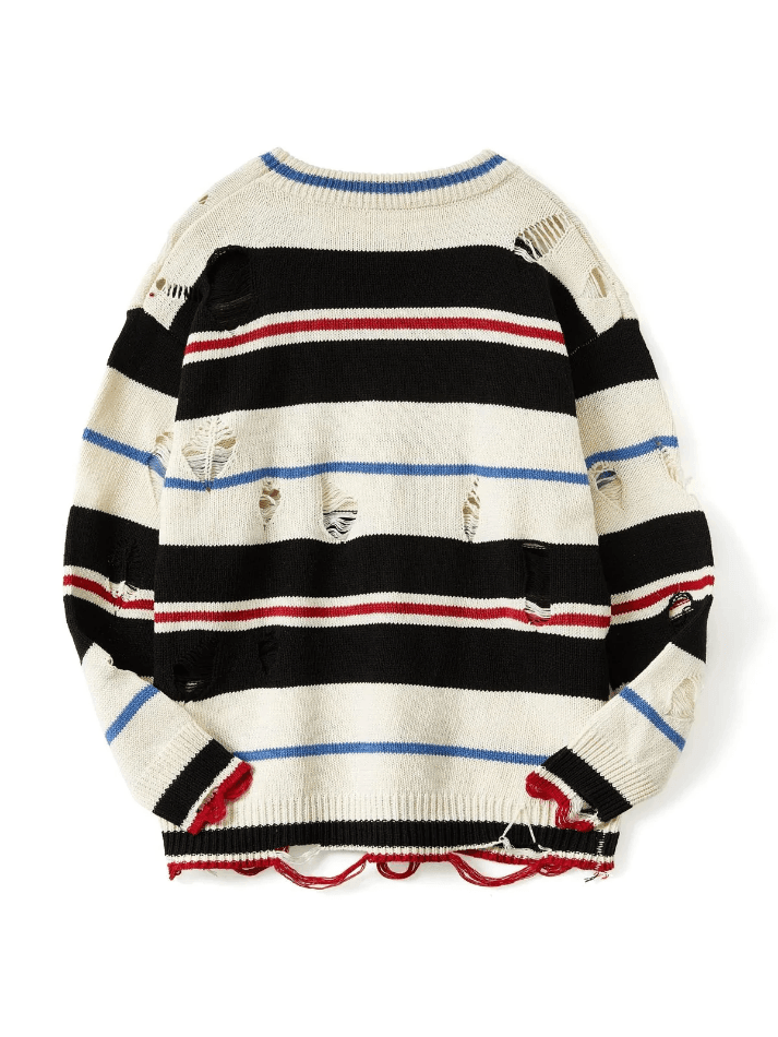 Men's Color Block Striped Distressed Sweater