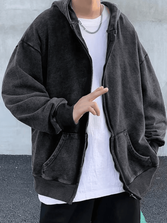 Sudadera con capucha y cremallera negra lavada vintage para hombre