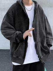 Sudadera con capucha y cremallera negra lavada vintage para hombre