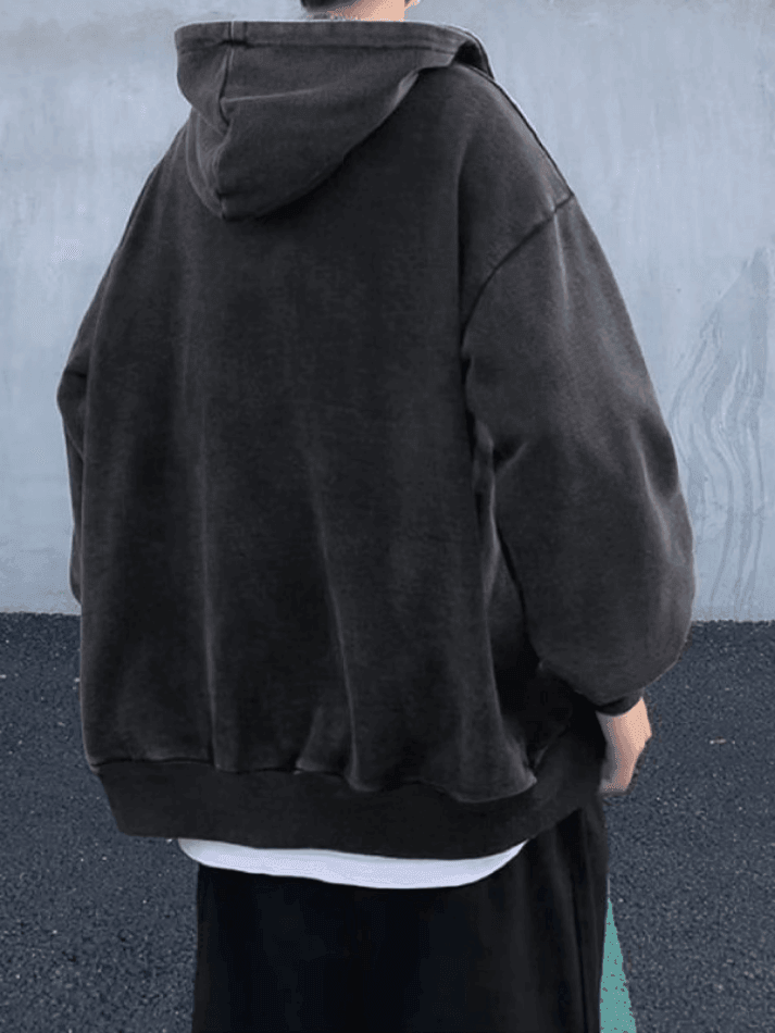 Sudadera con capucha y cremallera negra lavada vintage para hombre