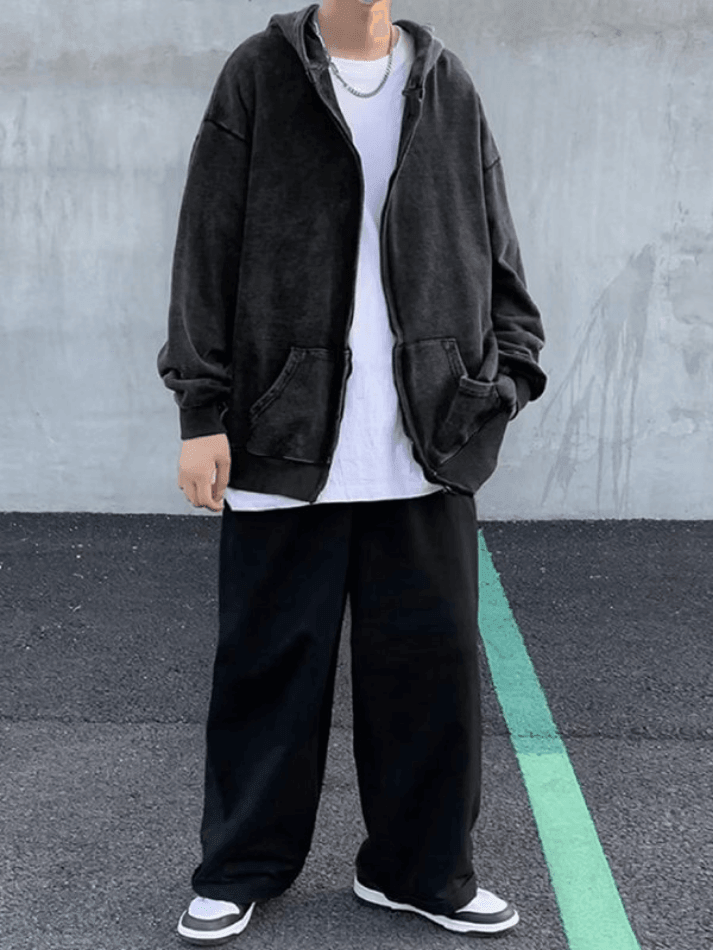 Sudadera con capucha y cremallera negra lavada vintage para hombre