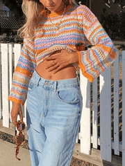 Gestreifter Häkelstrickpullover