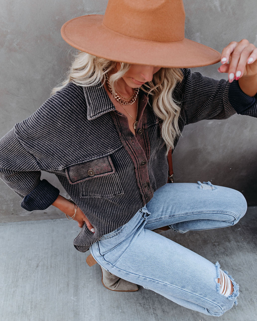 Rigo Cotton Button Down Shacket - Dusty Navy - ENDGÜLTIGER VERKAUF