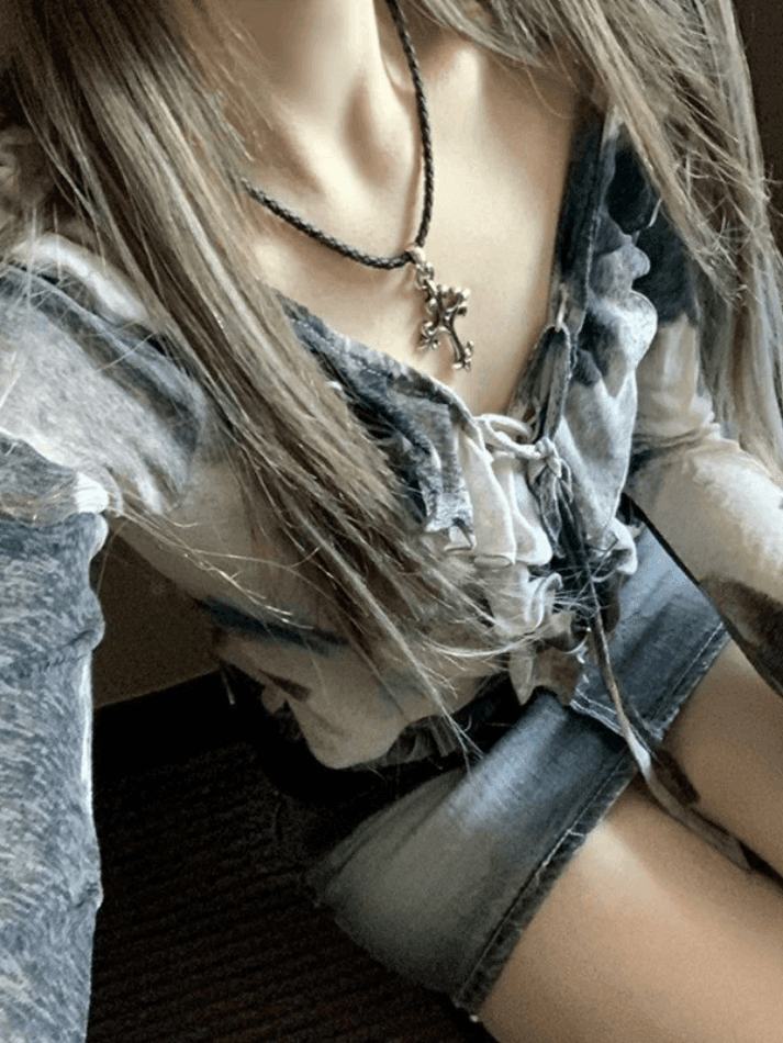 Ruffle Trim Lace Up Cropped Long Sleeve Blouse