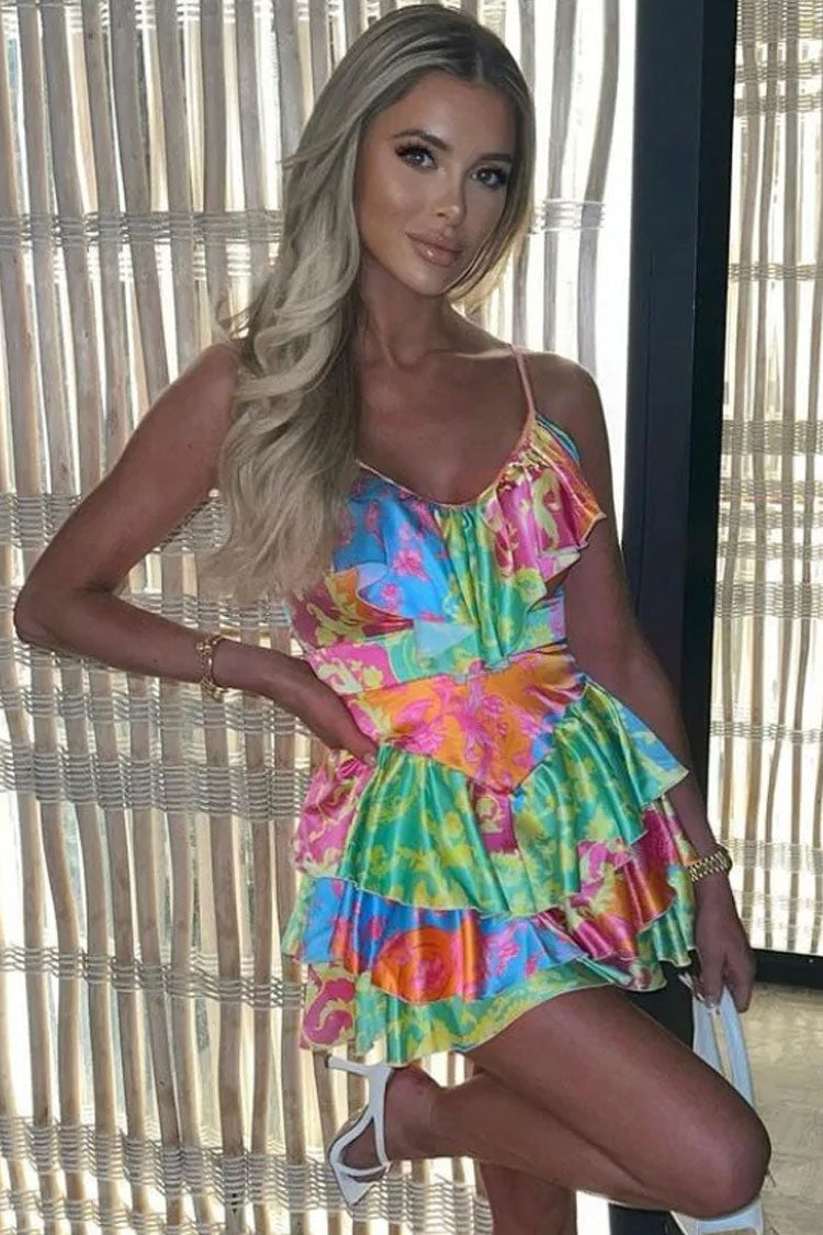 Seidiges Satin-Sommer-Patchwork-Rüschen-V-Ausschnitt-Mini-Sommerkleid - Blumen