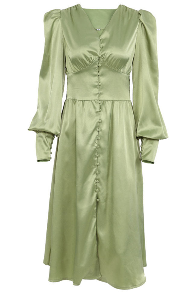 Seidiges Satin-Midikleid mit V-Ausschnitt und Puffärmeln und Knopfleiste im französischen Stil - Grün