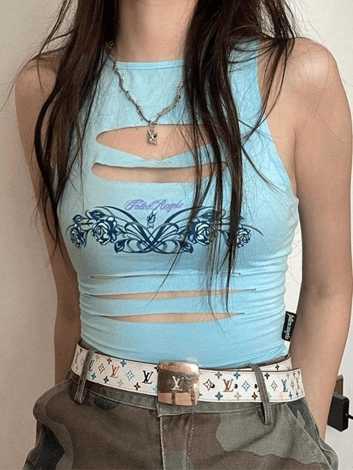Kurzes Tanktop mit Blumenmuster und Schlitzdetail