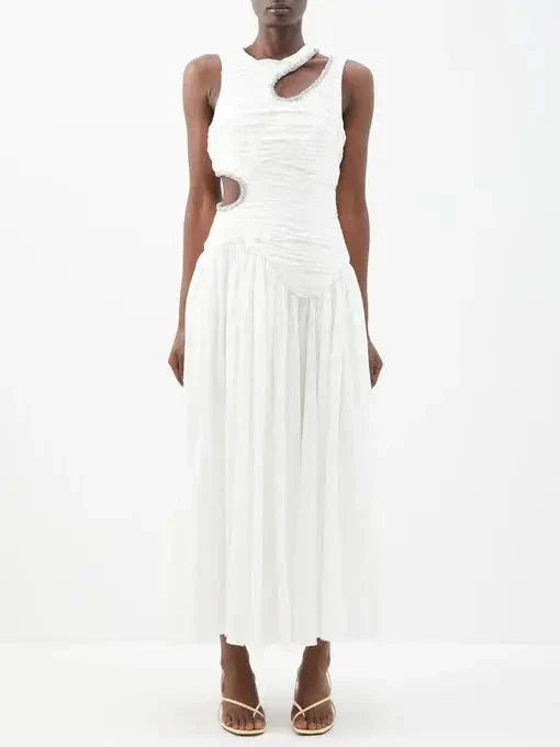 Vestido sin mangas calado de longitud media - Elegancia de cintura alta 