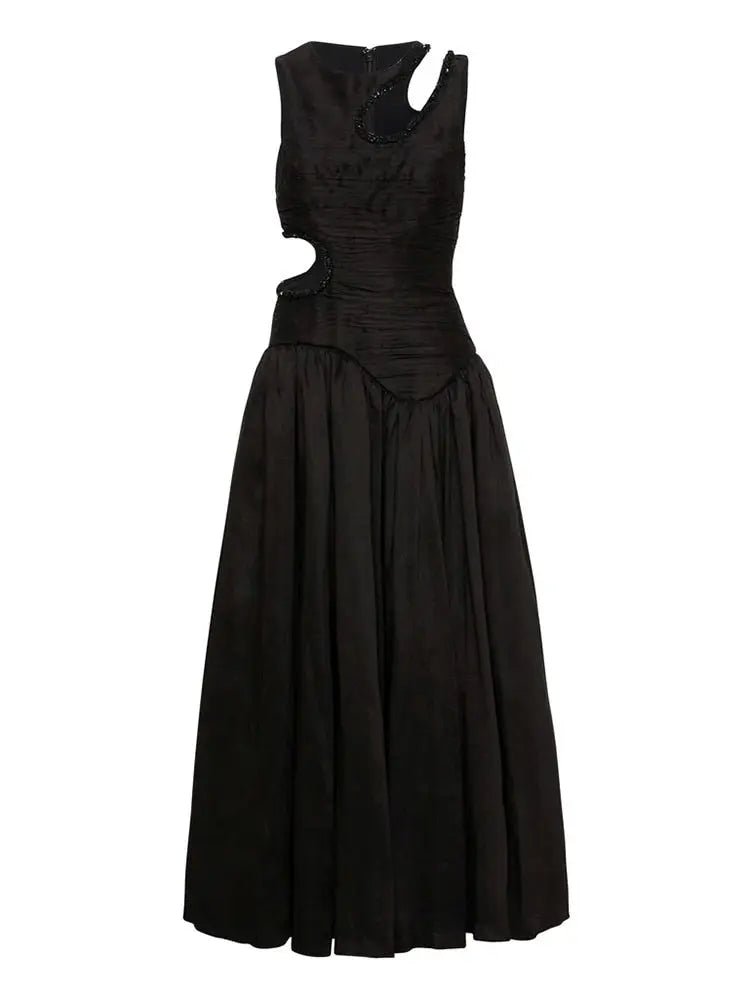 Vestido sin mangas calado de longitud media - Elegancia de cintura alta 