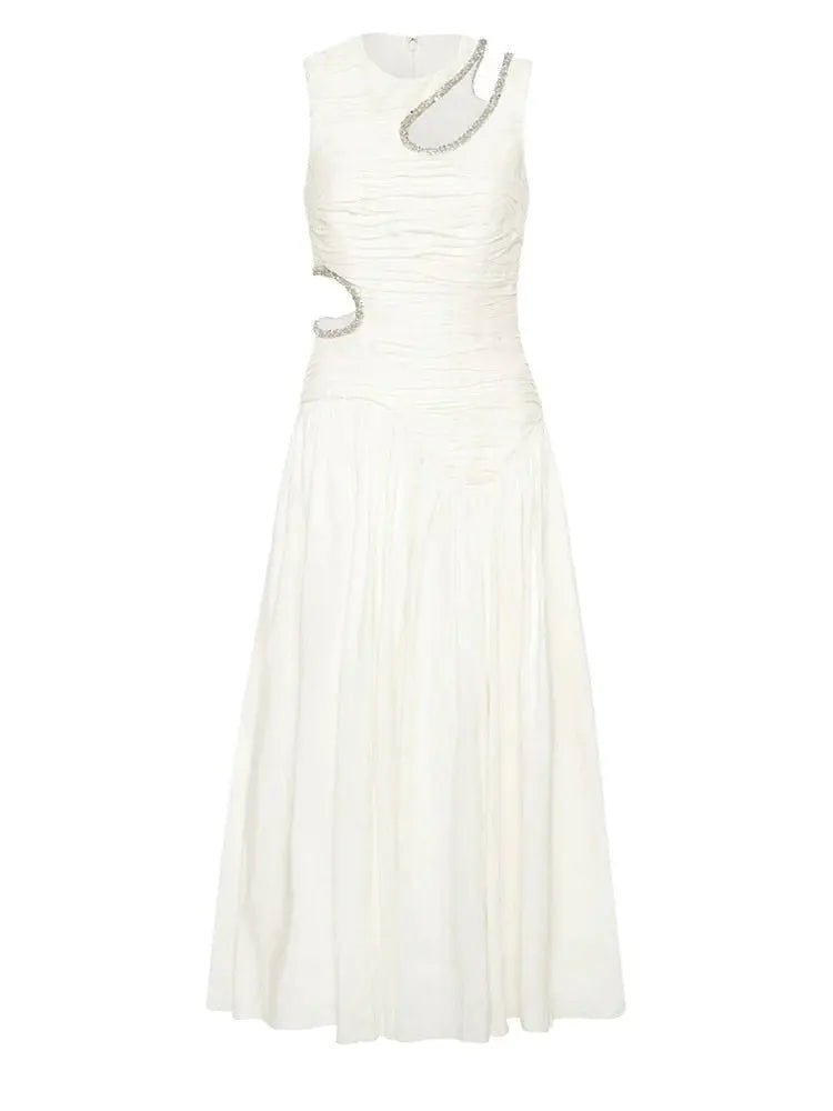 Vestido sin mangas calado de longitud media - Elegancia de cintura alta 
