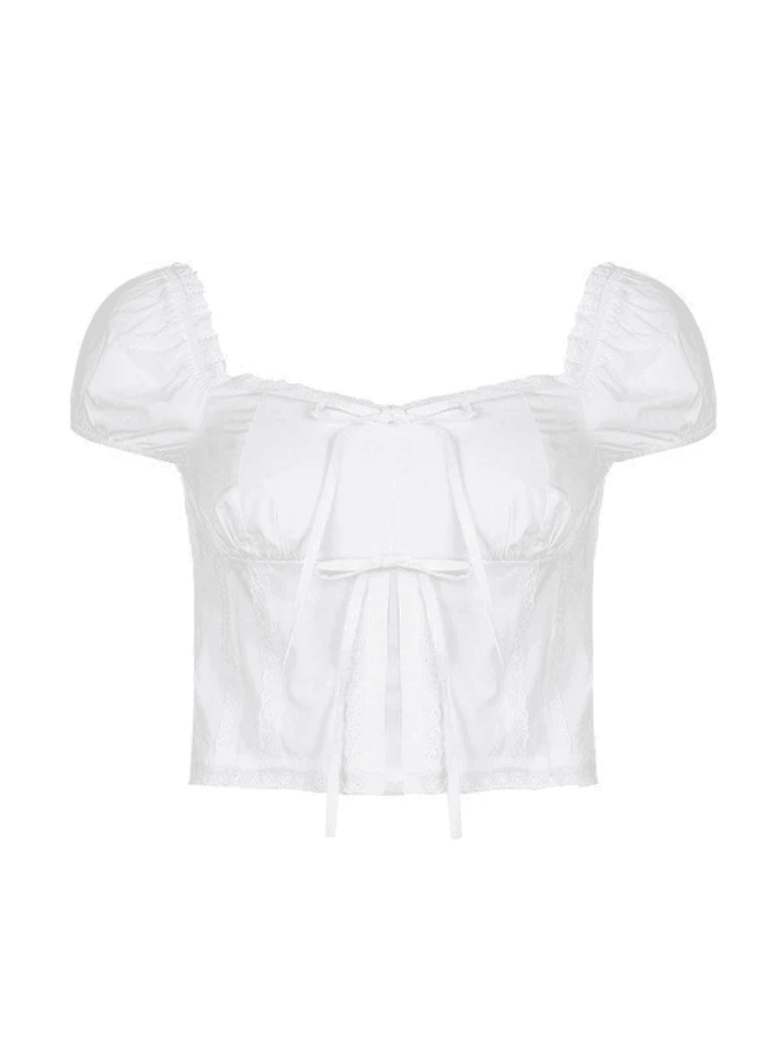 Weißes Crop-Top mit Schlitz und Puffärmeln