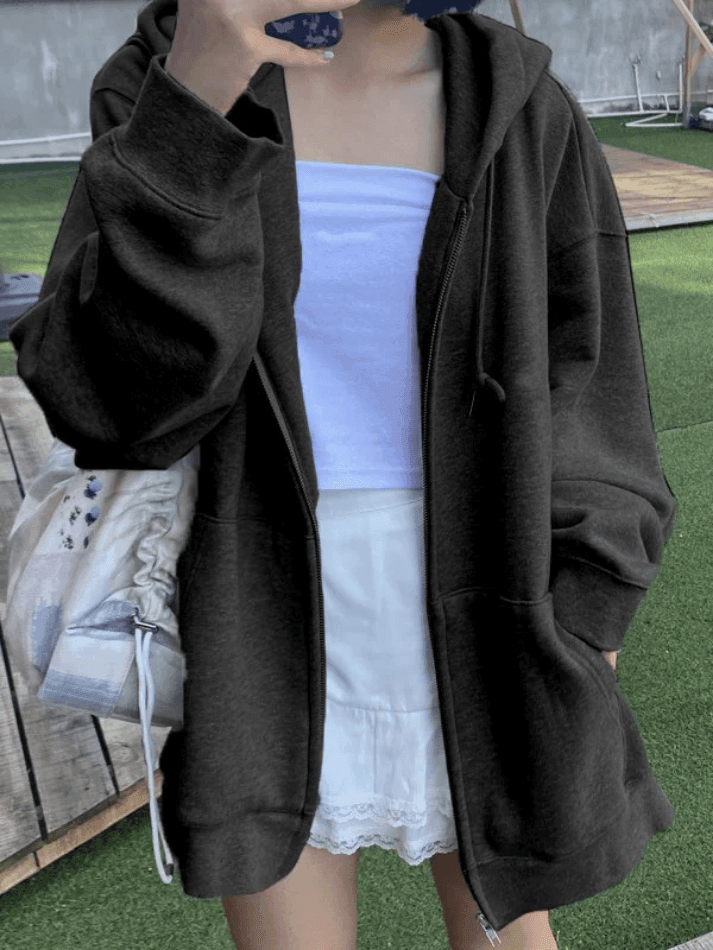 Sudadera con capucha y cremallera de color liso con forro polar