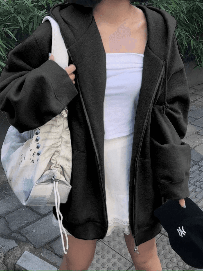 Sudadera con capucha y cremallera de color liso con forro polar