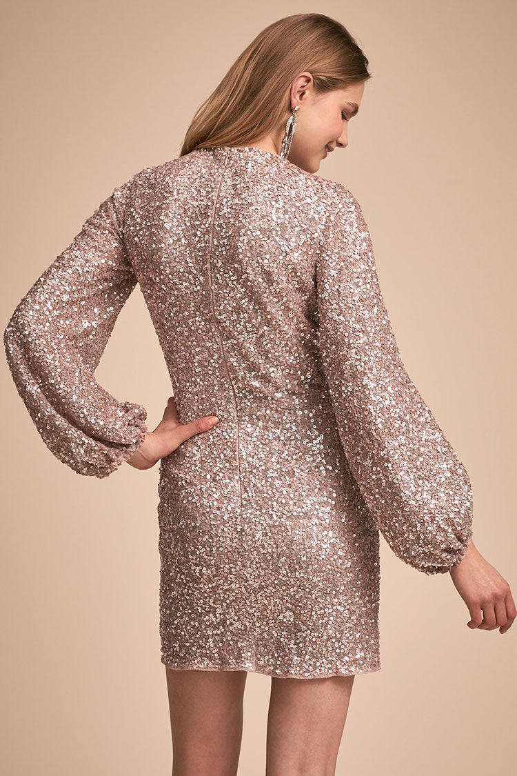 Glitzerndes Langarm-Minikleid mit Rundhalsausschnitt und Pailletten - Schwarz