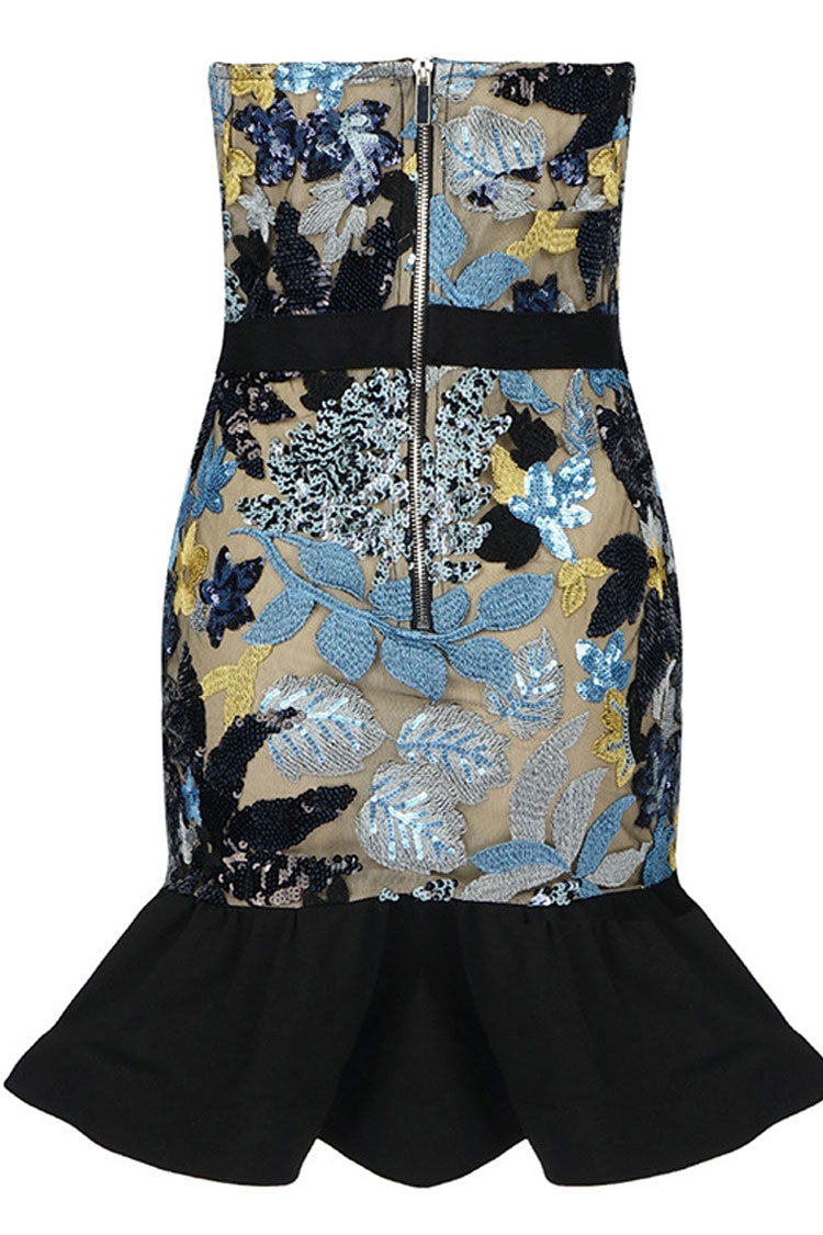 Trägerloses Party-Minikleid mit glitzernden Pailletten und floralen Rüschen - Himmelblau