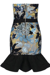 Trägerloses Party-Minikleid mit glitzernden Pailletten und floralen Rüschen - Himmelblau
