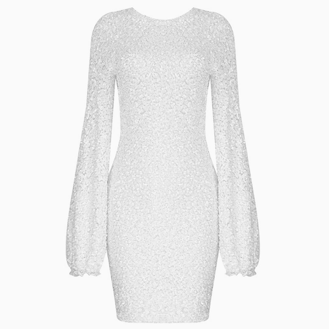 Glitzerndes Pailletten Spitzen Langarm Party Minikleid - Weiß