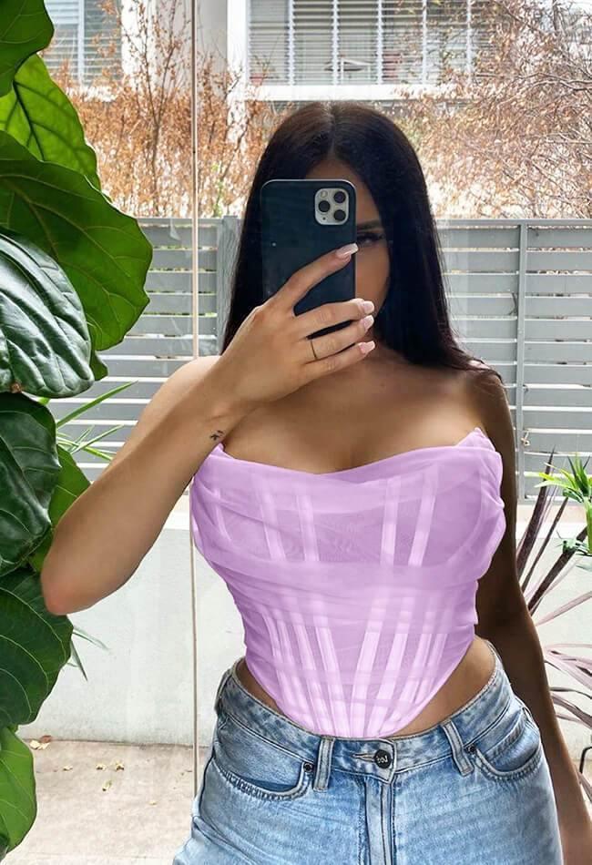 Trägerloses Bustier-Korsett-Crop-Top aus Netzstoff mit Stäbchen