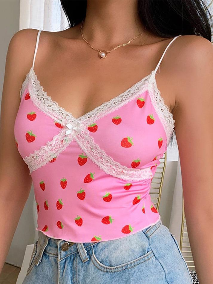 Kurzes Cami-Top mit Spitzenbesatz und Erdbeermuster