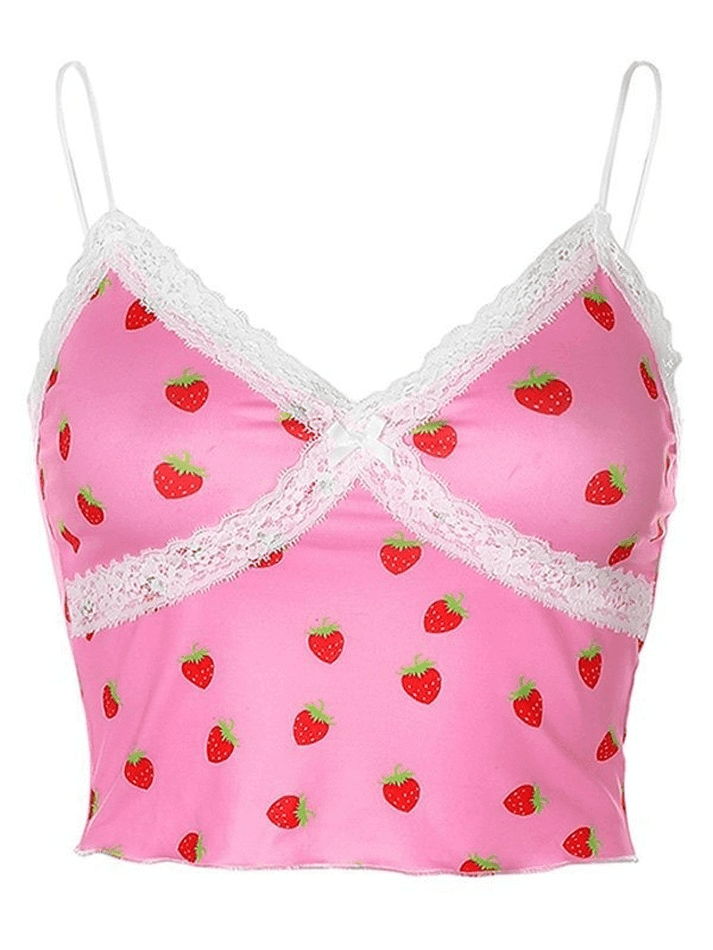 Kurzes Cami-Top mit Spitzenbesatz und Erdbeermuster