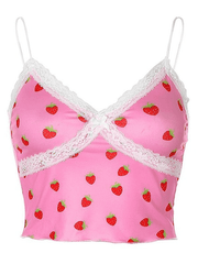 Kurzes Cami-Top mit Spitzenbesatz und Erdbeermuster