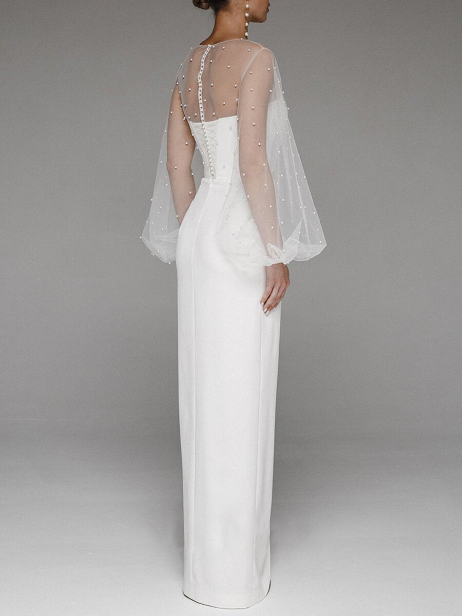 Abendkleid mit Tube-Top und Netzstoff und Perlen
