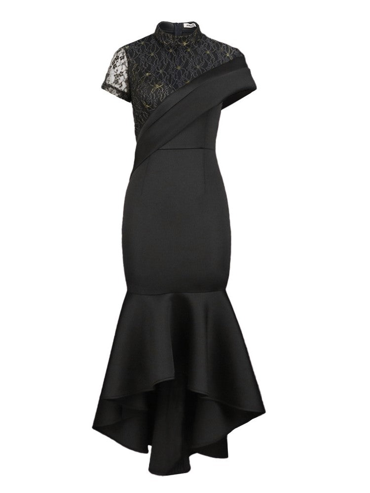Partykleid mit Rundhalsausschnitt, transparenter Spitze, kurzen Ärmeln und hoher Taille und Rüschen