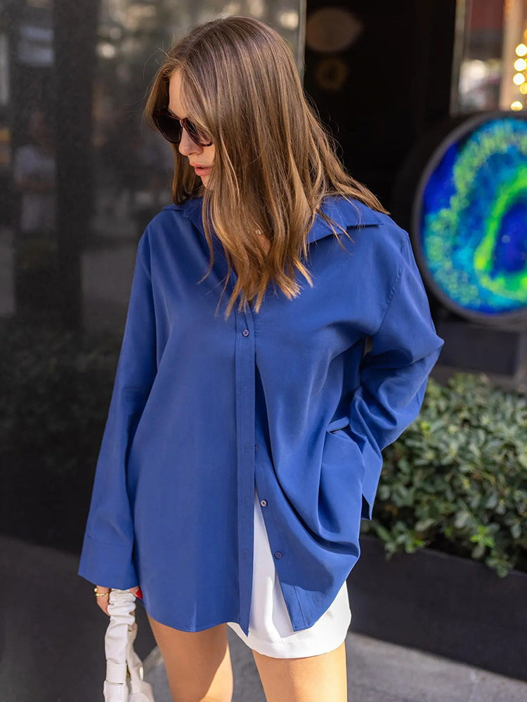 Temperament Volltonfarbe Revers Langarm Shirt Damen Top