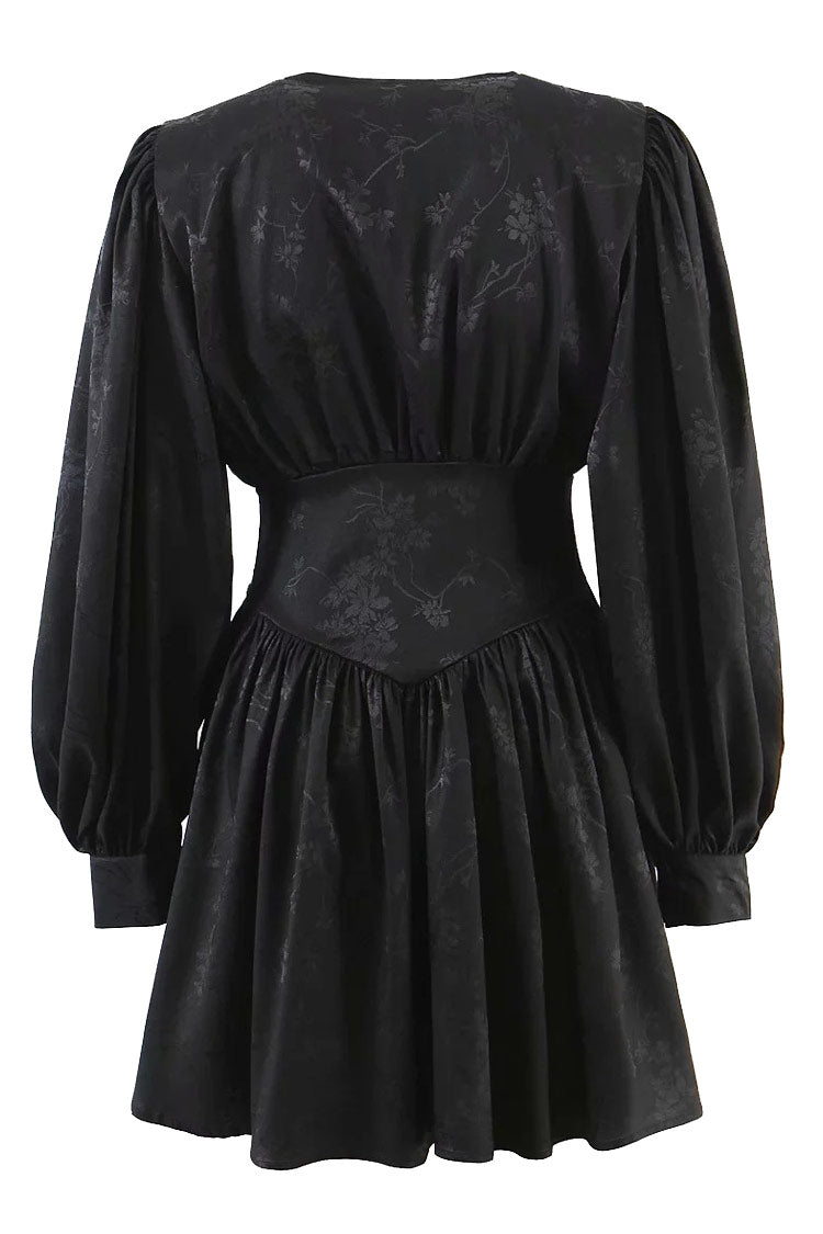 Swingy Floral Jacquard Fit &amp; Flare Langarm-Minikleid - Schwarz