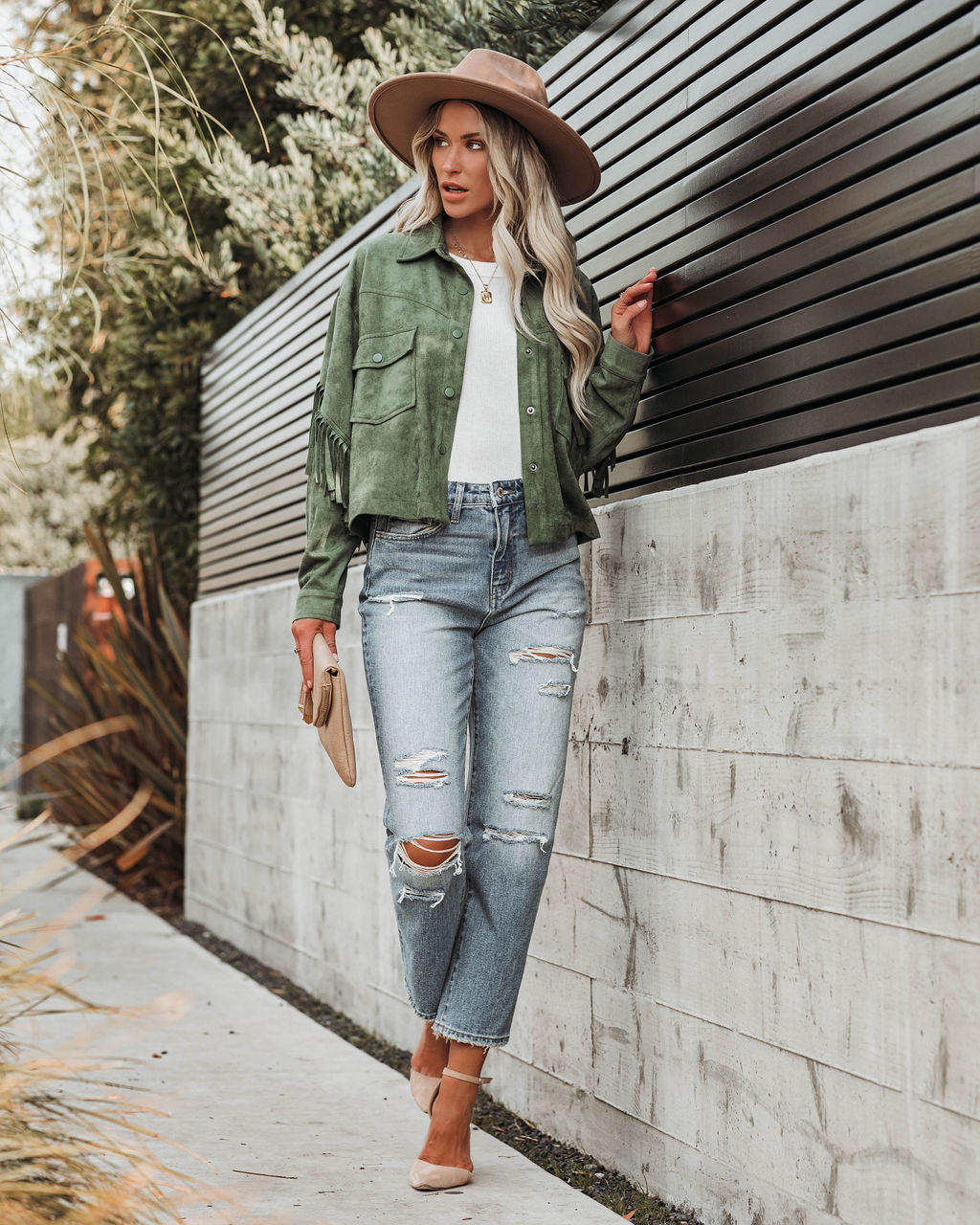 Jacke aus Wildlederimitat mit Fransen - Dusty Teal