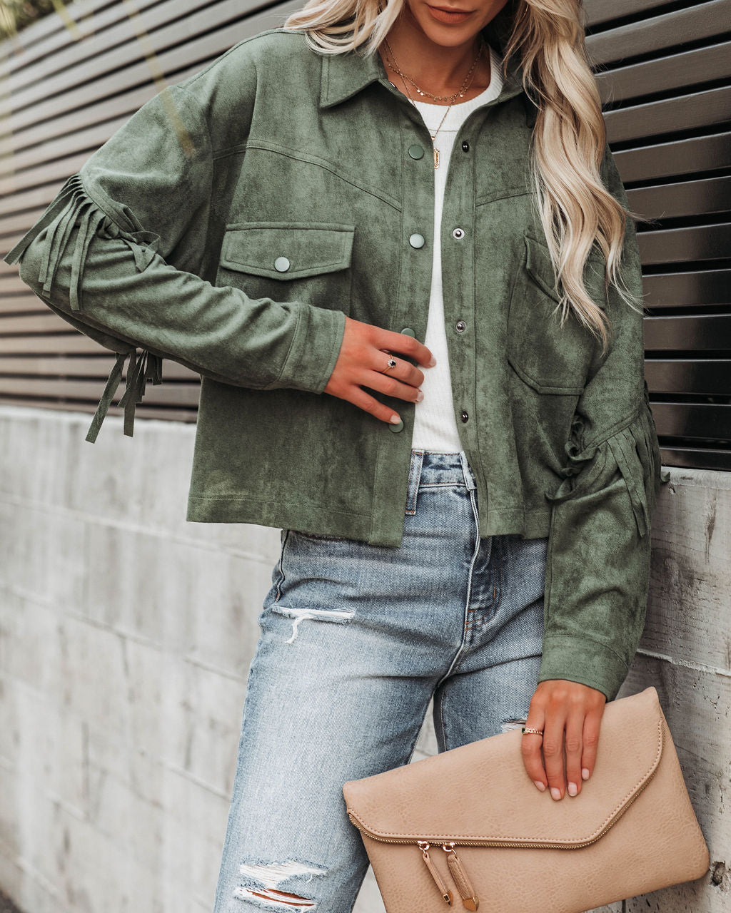 Jacke aus Wildlederimitat mit Fransen - Dusty Teal