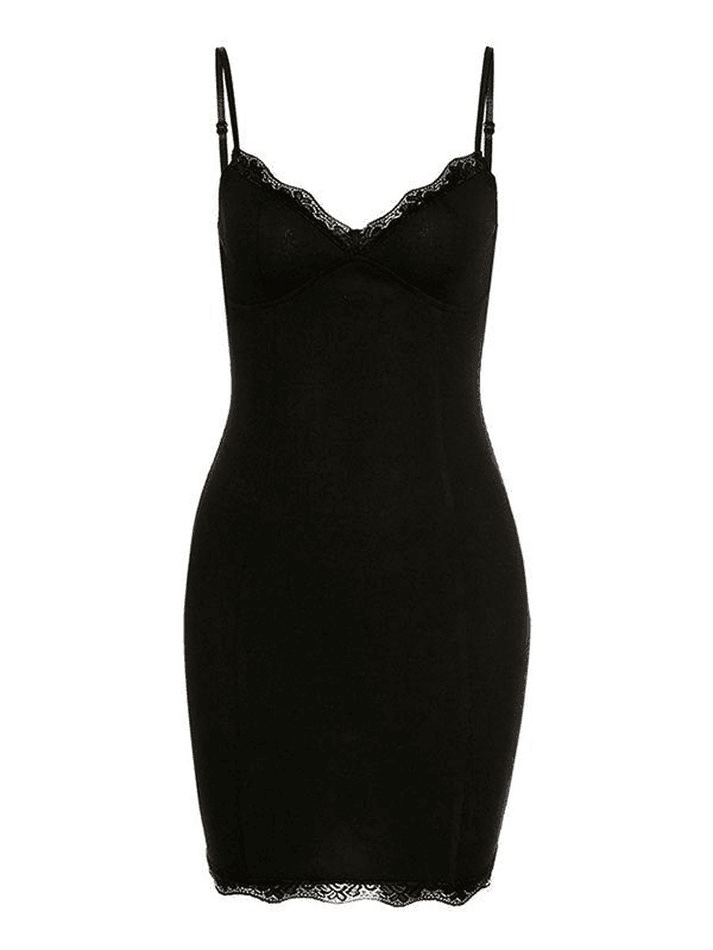 Minikleid mit V-Ausschnitt und Spitzenbesatz und Trägern