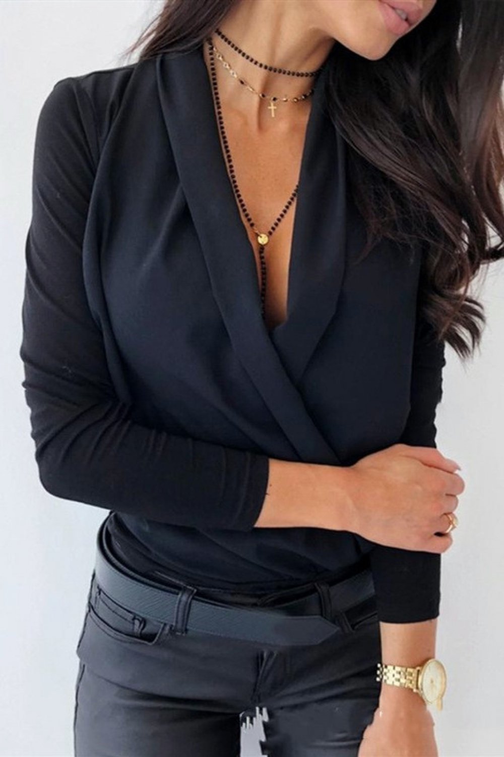 Blusa de oficina de manga larga con cuello en V