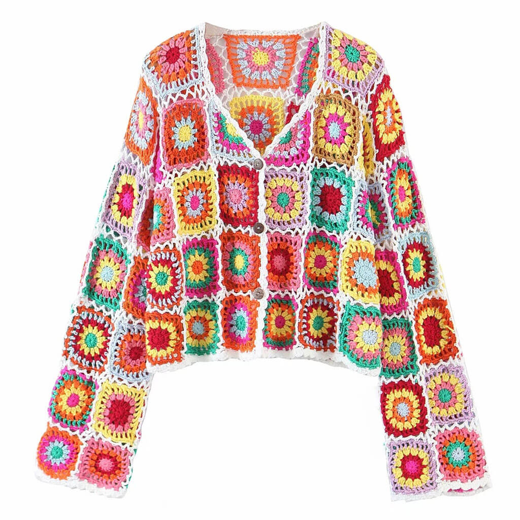 Gehäkelte Strickjacke mit Blumenmuster und Knopfleiste - Mehrfarbig