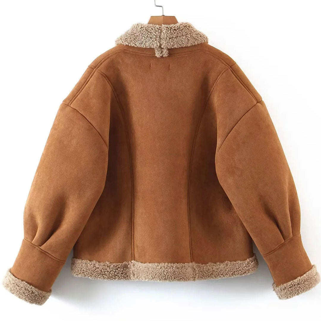 Vintage Kragen Patch Tasche Langarm Faux Shearling Jacke - Braun