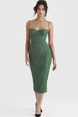 Vestido de cóctel midi vintage de encaje con escote en forma de corazón y pestañas - Verde