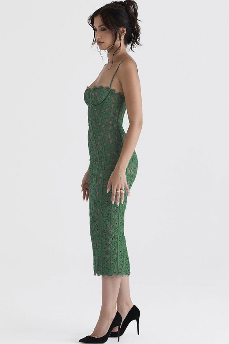 Vestido de cóctel midi vintage de encaje con escote en forma de corazón y pestañas - Verde